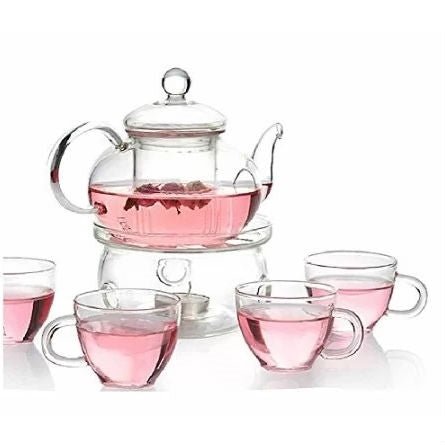 6 - Piece Glass Tea Pot Set with 4 Cups Teapot Warmer and Infuser - TGS