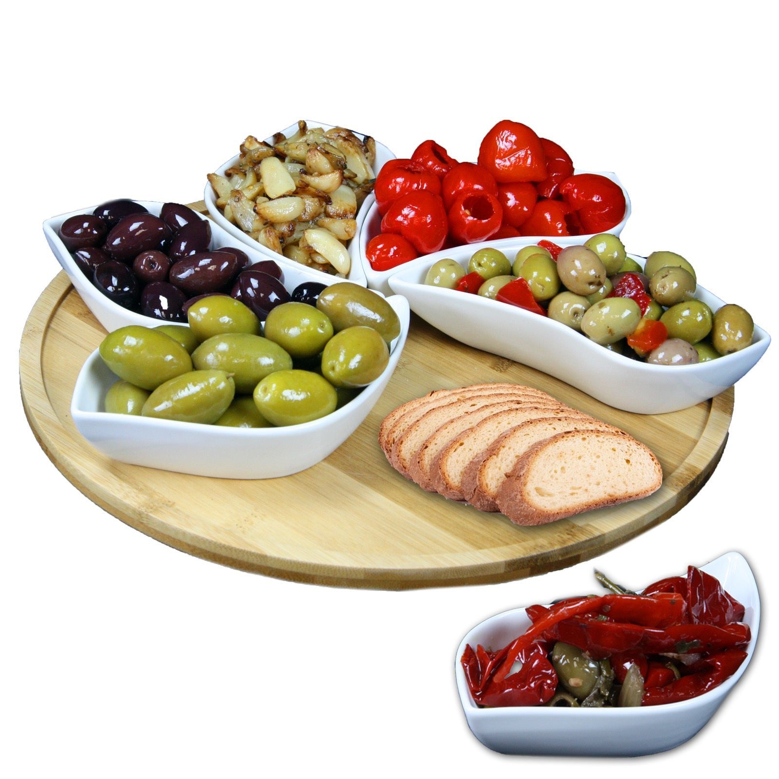 Elama Signature Modern 13.5 Inch 7pc Lazy Susan Appetizer and Condiment Server Set with 6 Unique Design Serving Dishes and a Bamboo Lazy Suzan Serving Tray - TGS