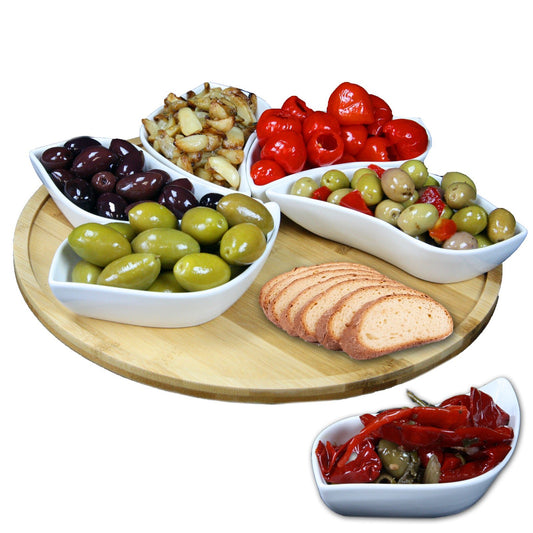 Elama Signature Modern 13.5 Inch 7pc Lazy Susan Appetizer and Condiment Server Set with 6 Unique Design Serving Dishes and a Bamboo Lazy Suzan Serving Tray - TGS