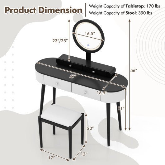 Makeup Vanity Table Set with LED Mirror and 3 Spacious Drawers - White and Black - TGS