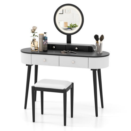 Makeup Vanity Table Set with LED Mirror and 3 Spacious Drawers - White and Black - TGS