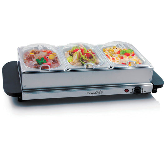 MegaChef Buffet Server & Food Warmer With 3 Removable Sectional Trays , Heated Warming Tray and Removable Tray Frame - TGS