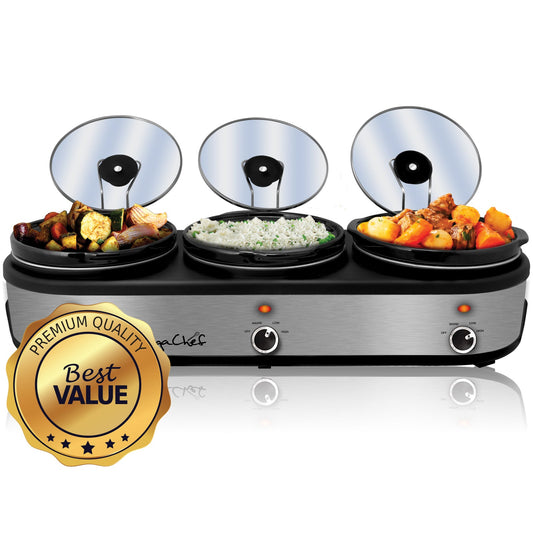 MegaChef Triple 2.5 Quart Slow Cooker and Buffet Server in Brushed Silver and Black Finish with 3 Ceramic Cooking Pots and Removable Lid Rests - TGS